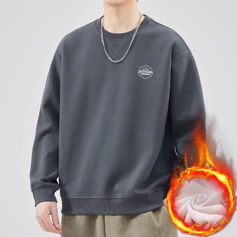 Men's Plus Velvet Warm Round Neck Hoodie - Autumn/Winter Style Long Sleeve Base Layer for Teens