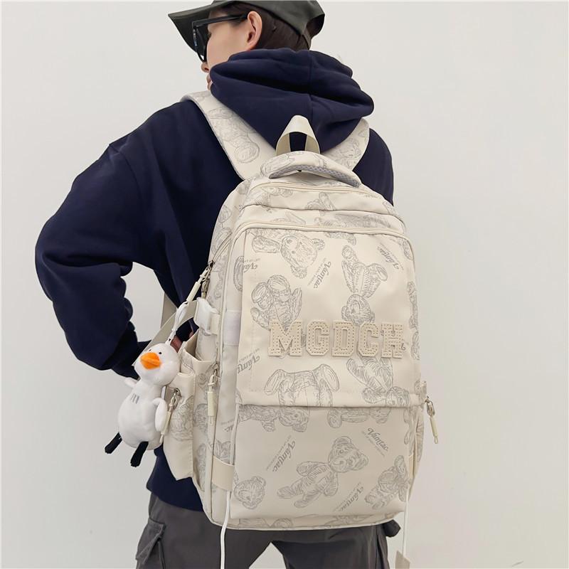 Schoolbag backpack for female junior high school students, simple printed bear, large-capacity schoolbag, new trendy college student couple computer