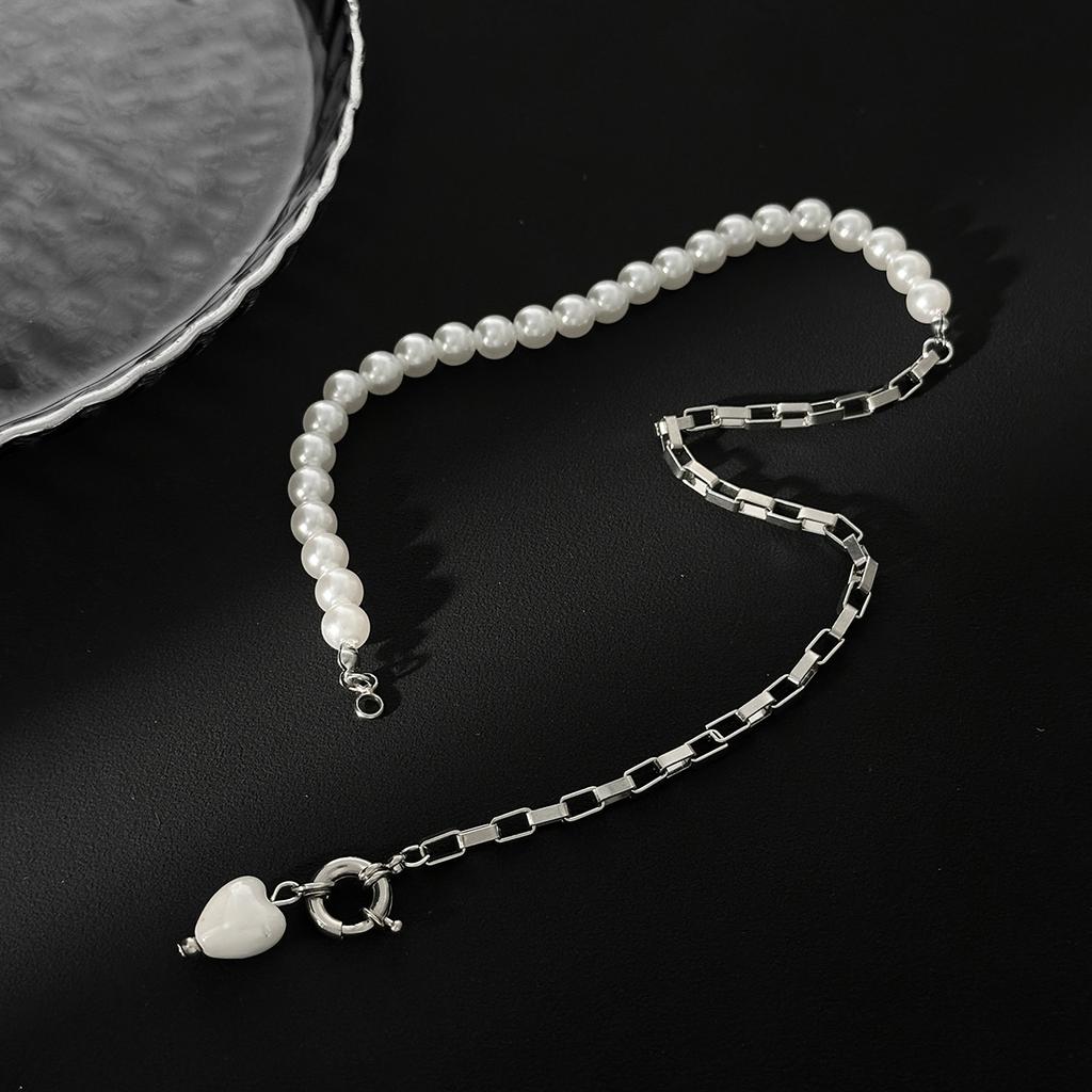 Salircon Vintage Elegantes Imitation Perle Keramik Herz Anhänger Halskette Damen Hochzeit Braut Kette Hals Zubehör Schmuck Geschenk