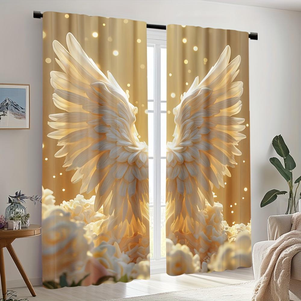 2pcs Gold Angel Wing Door Curtains – Soft Sheer Polyester for Bedroom   Living Room   Office & Caf Decor