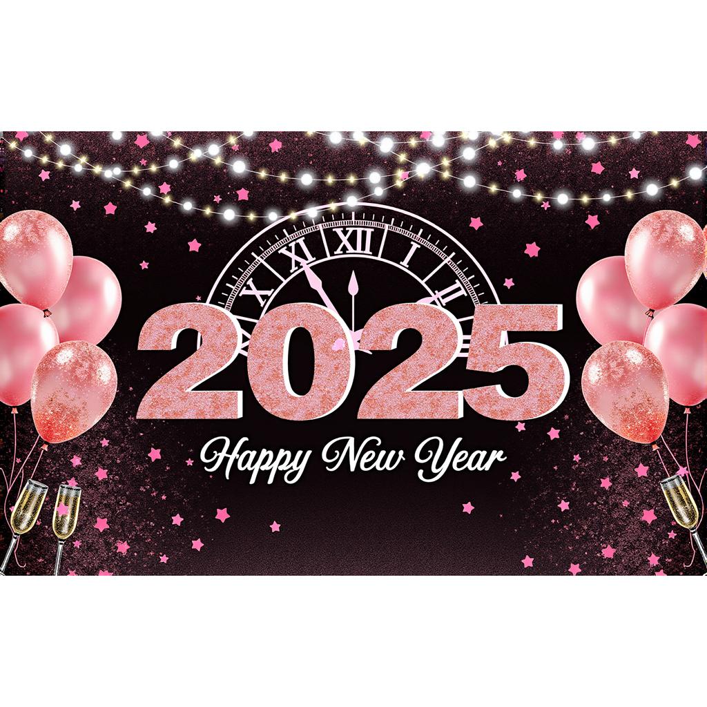 2025 Happy New Year Pink Theme Party Background Clock Balloons Family Party Banner Home Decoration Photography Background New In