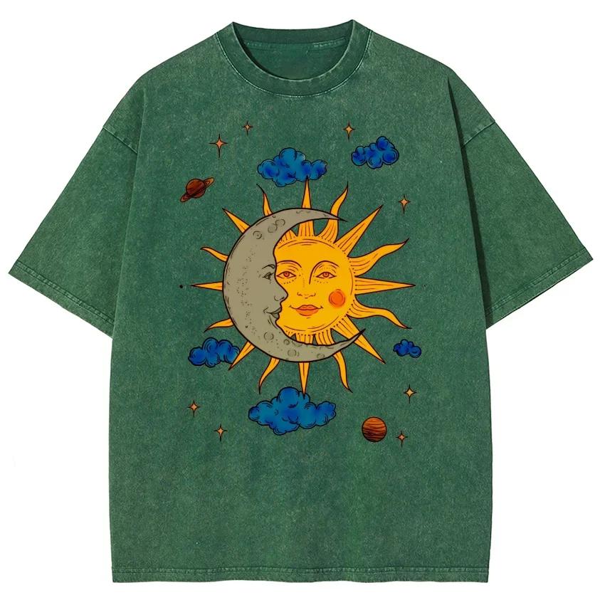 Mens Moon and Sun Printed Tshirt Oversized Short Sleeved Retro Washed Shirt Summer Top