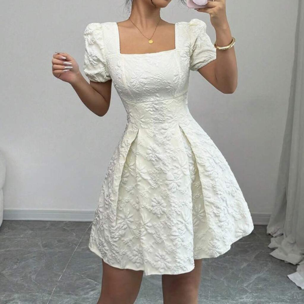 Women's Fashionable Color Square Neck Bubble Short Sleeved Dress With Temperament