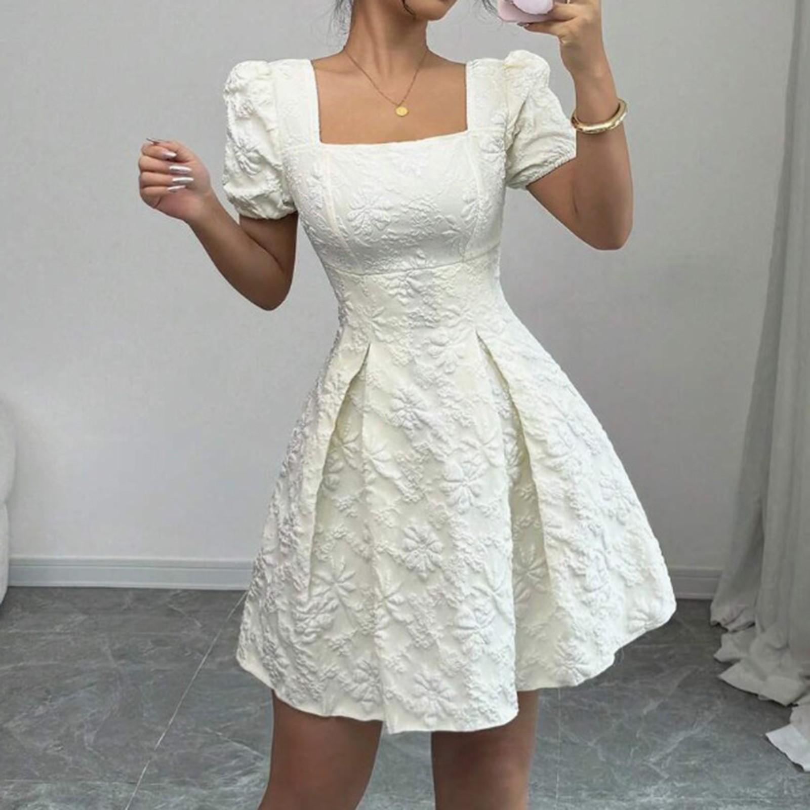 

Women s Fashionable Solid Color Square Neck Bubble Short Sleeved Dress With Temperament XL білий