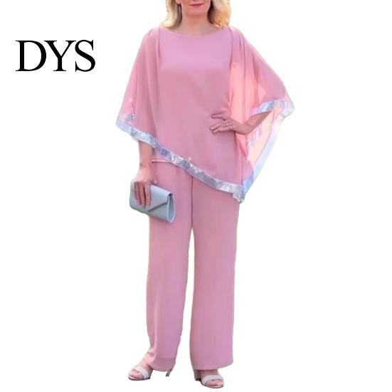 Summer Daily Loose Outfit 2 Pcs/Set Women Top Pants Set Dolman Sleeves Irregular Sequin Hem O Neck Blouse Solid Color Wide Leg Trousers Suit