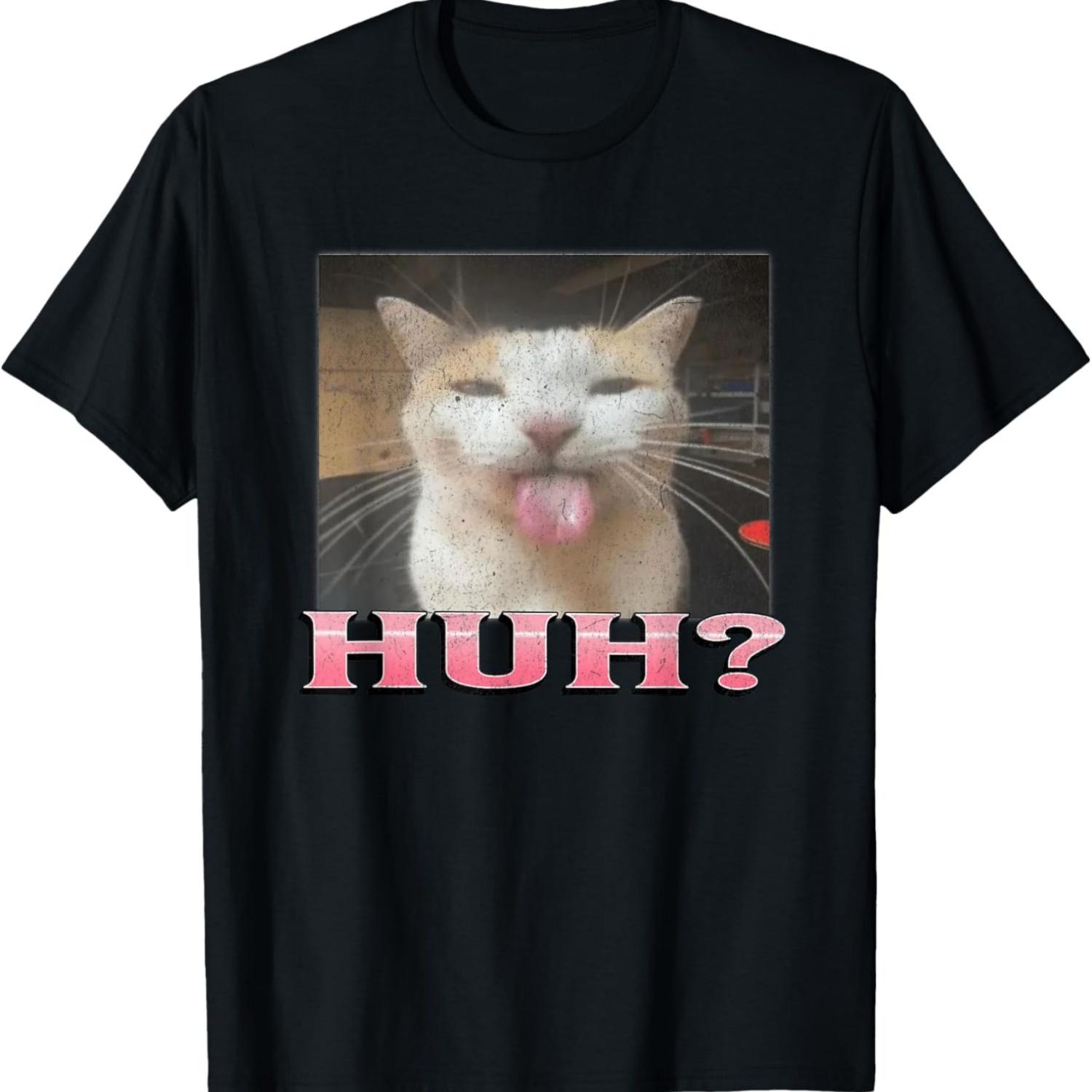 

Huh_ Funny Cat Meme Bootleg Graphic Men Women T-Shirt S чёрный