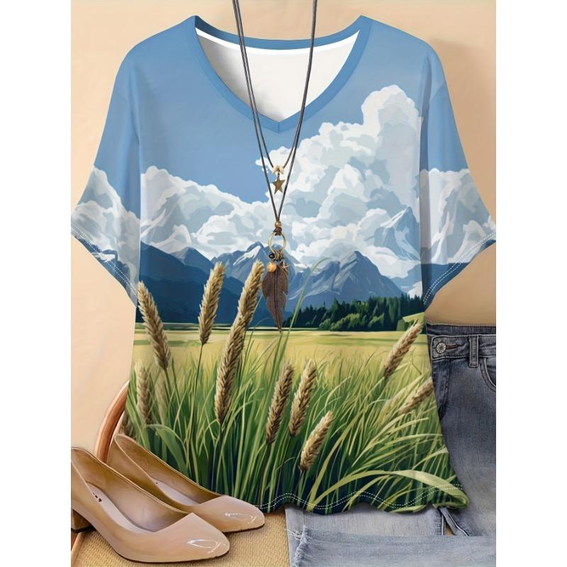 

Summer Casual Plus Size V-neck Short-sleeved T-shirt Oil Painting Landscape Pattern 3d Digital Printing Tops Plus Size Women s Outdoor Clothing S