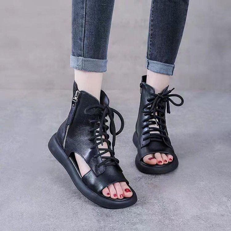Roman Sandals High-top Fish Mouth Sandals Women's Flat-bottomed Breathable Retro Martin Boots 2025 Summer New Hollow Straps