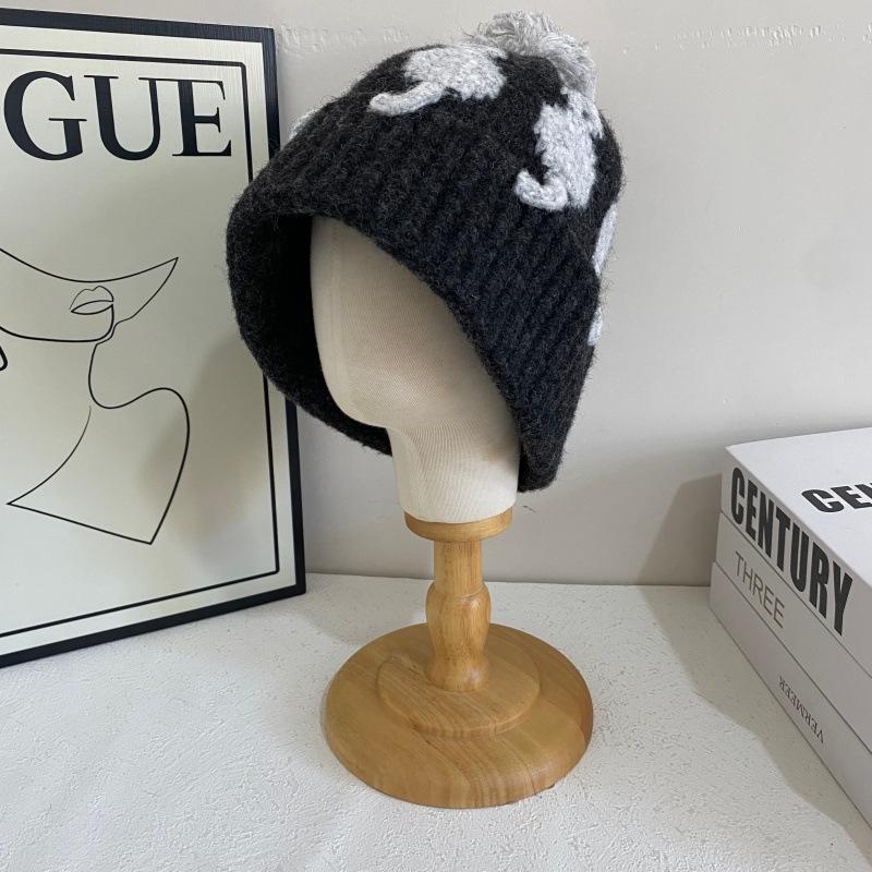 JYL TS DIY Cat Beanie Unisex Autumn Winter Color Block Pom-pom Warm Hat Acrylic