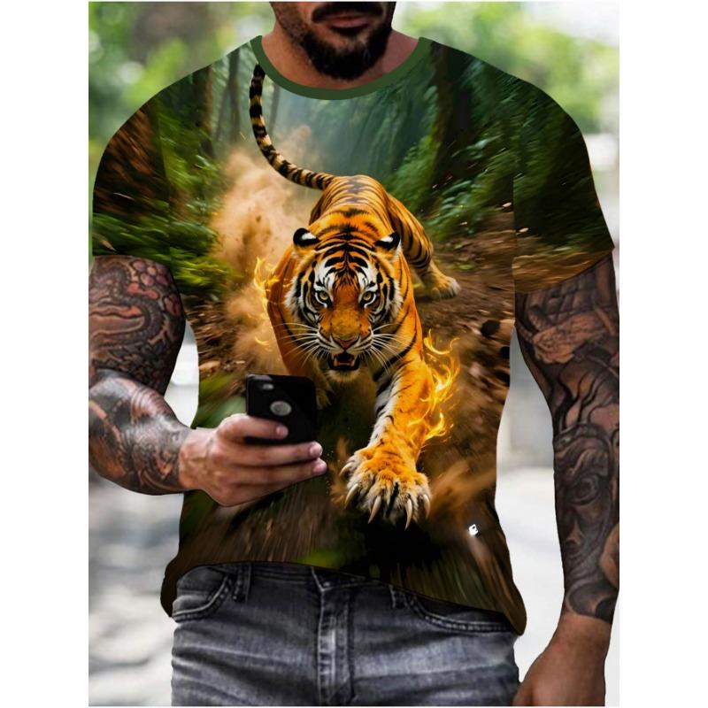 Men's Running Tiger 3D Printed T-Shirt Casual Short Sleeve Crewneck Top Cool Golden Flame Animal Graphic Tee Trendy Summer Jungle Streetwear Clothes