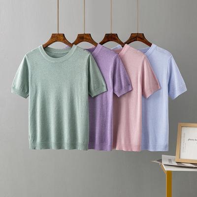Gestrickte T-Shirts, einfarbig, Rundhalsausschnitt, kurze Ärmel, lockere Pullover-Oberteile, Retro-Stil, stilvolle Damenblusen aus glänzendem Eisseiden-Chiffon