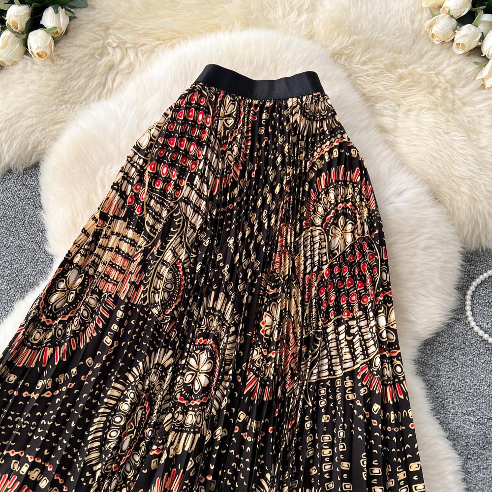 Spring Summer Women Elegant Print Elastic Waist Long Maxi Holiday Beach Pleated Skirt Only Have One Size