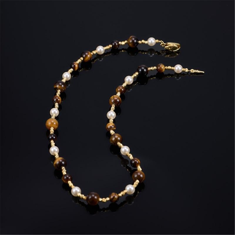 Natural Tigers Eye Stone And Pearls Beaded Necklace Handcrafted Sturdy Hand strung Beaded Necklace For Elegant Occasions