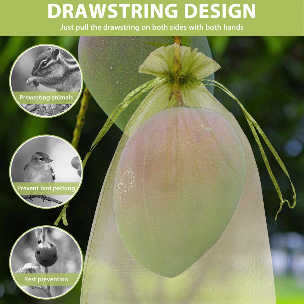 100/200Pcs Fruit Protection Bags Fine Mesh Organza Plant Grow Bags with Drawstring Garden Anti-Bird Netting Mesh Bag Garden Tool