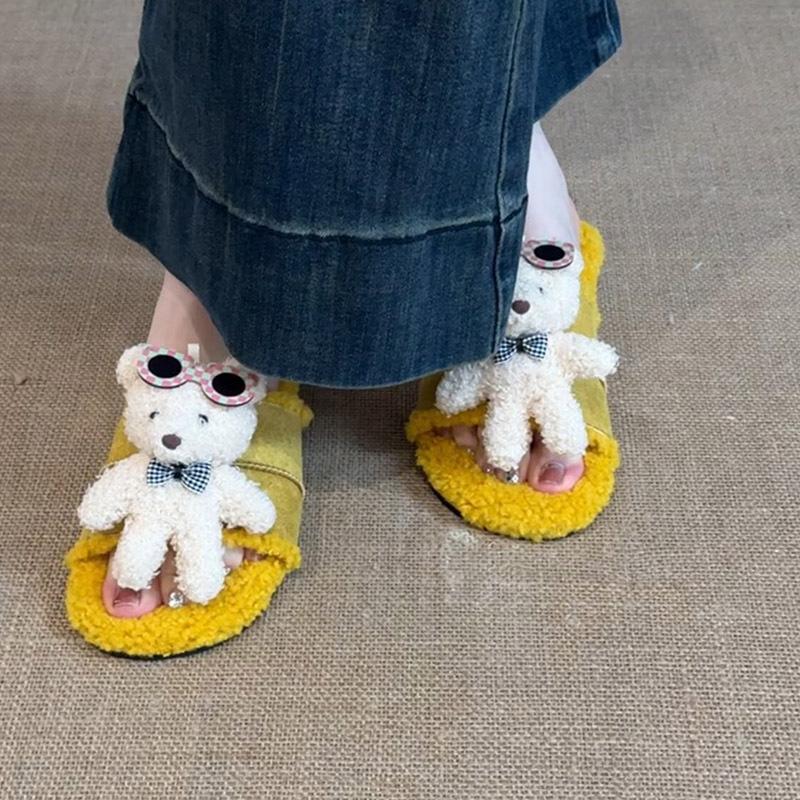 Bear casual fluffy shoes women's 2025 autumn and winter fashion three-dimensional cute cartoon outer wear versatile one-word cotton slippers