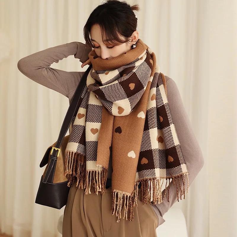 1 Pair Of Women'S Autumn And Winter Heart Scarf Women'S Plaid Comfortable Scarf Thick Large Blanket Shawl Scarf