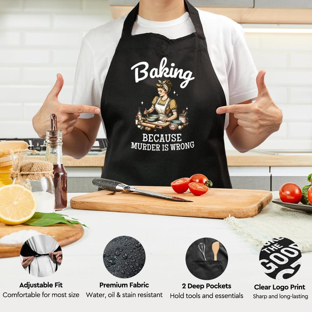 Baking Because Murder is Wrong,Funny Baking Aprons with Pockrts for Women Mom Wife Friends Sister Grandma,Birthday Bake Gifts for Bread Bakers,Cute