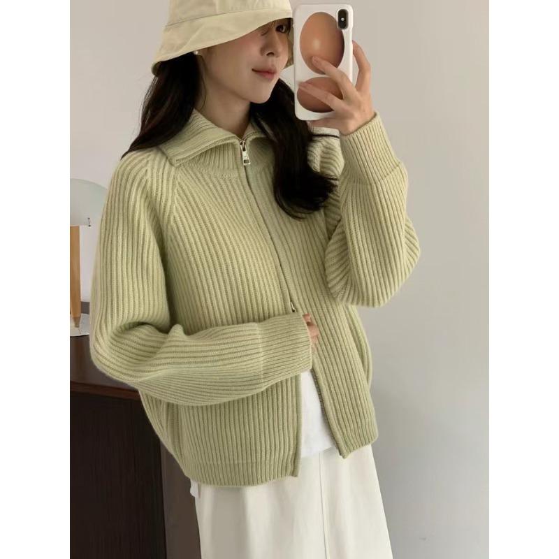 

Вязаный кардиган на молнии в стиле ретро, женский, новый, осенне-зимний, свободный, повседневный, ленивый ветер, с лацканами, куртка-свитер One Size неоновый жёлтый