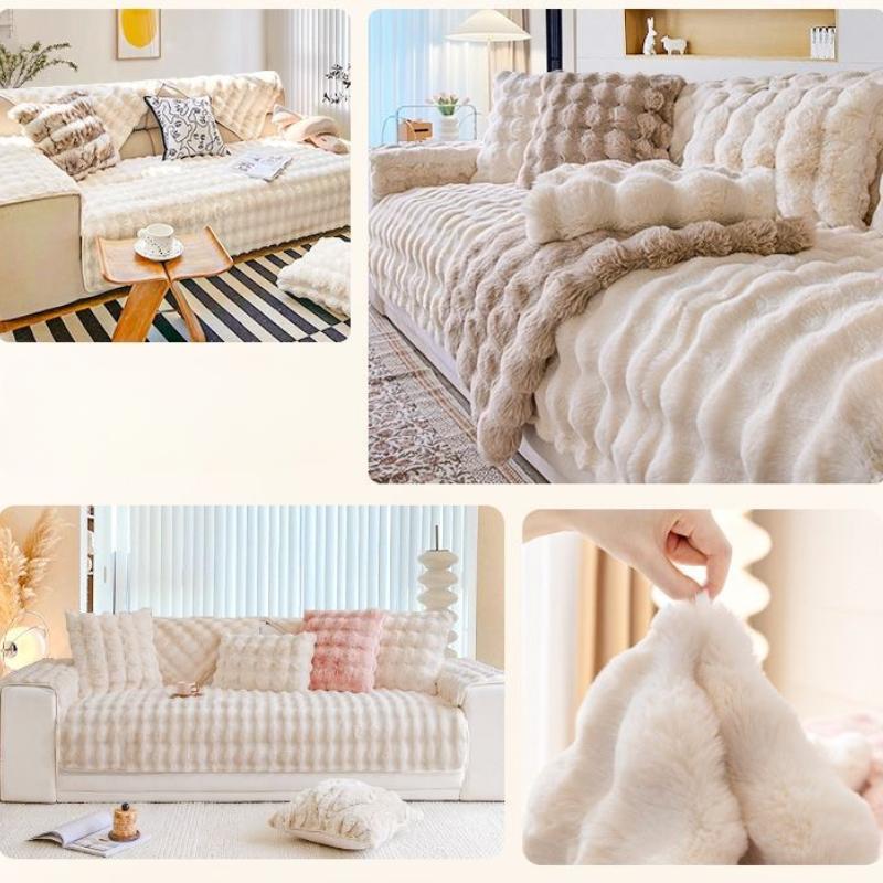 Rabbit Plush  Sofa Cover Winter Thickened Couch Pad Solid Color Premium Anti Slip Sofa Protective Blanket Sofa Dust Cover Towel