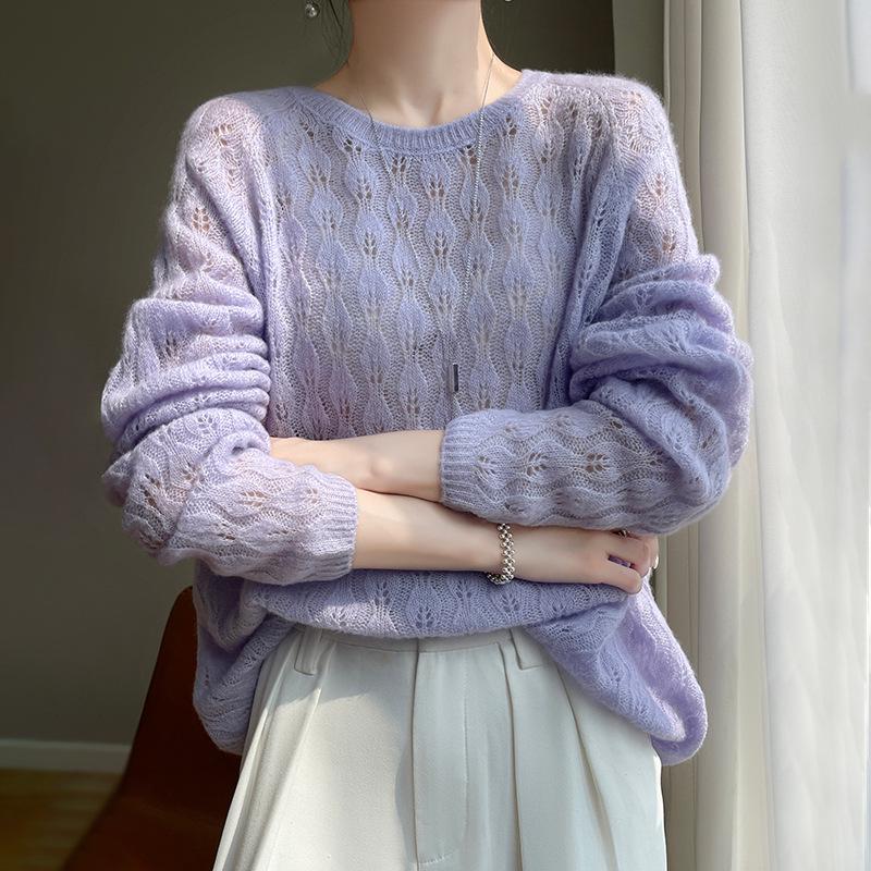 Crochet Hollow Knit Cashmere Sweater - Women's Autumn/Winter Round Neck Loose Fit