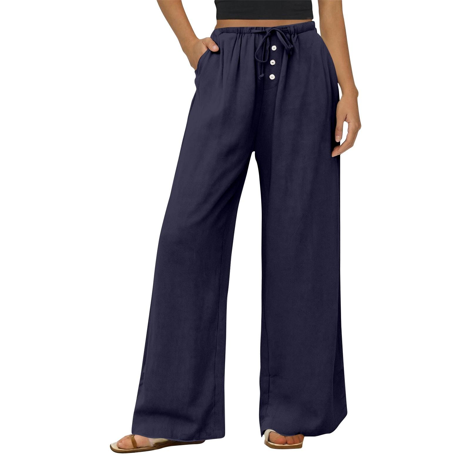 

Women s Casual Fashion Cotton And Linen Drawstring Button Trousers S Темно-синій
