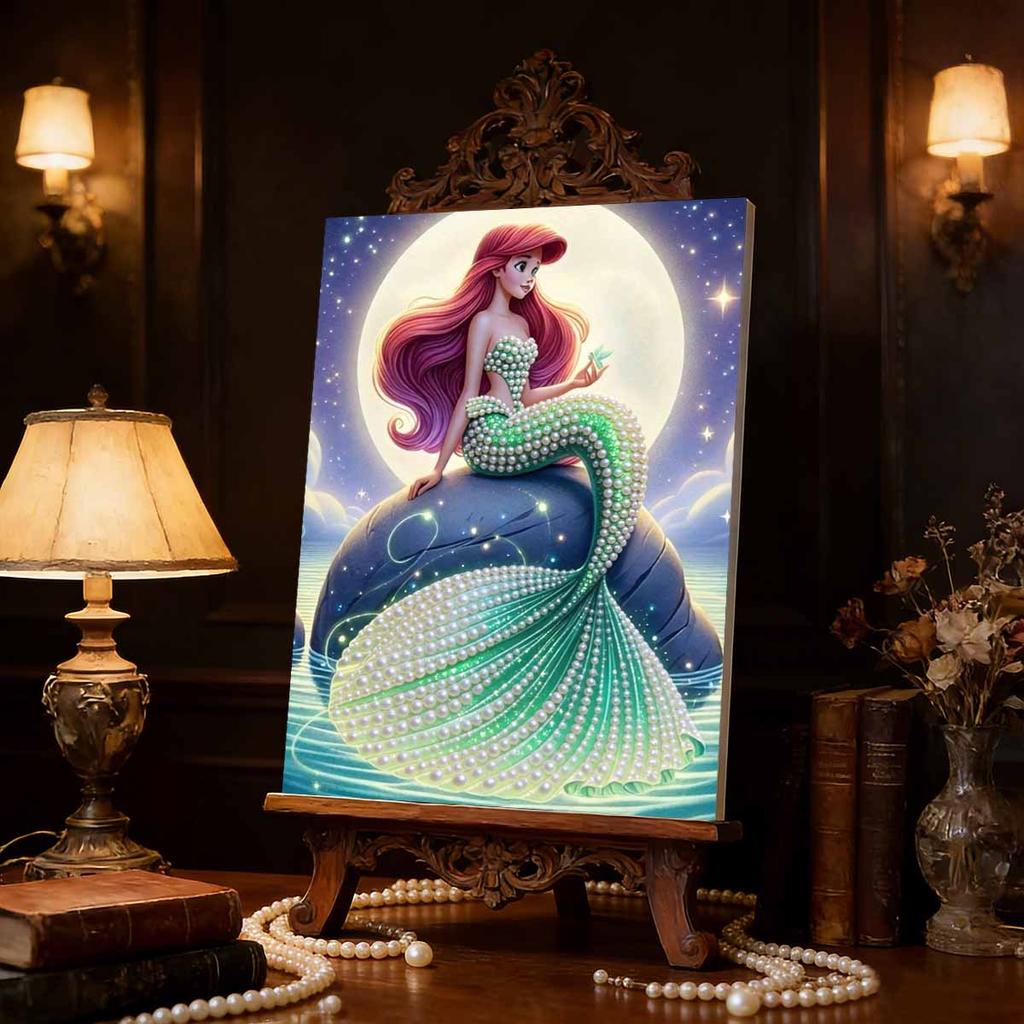Dreamy Pearl-Inlaid Little Mermaid Frameless Art | Moonlit Starry Bg, Handmade Pearl & Diamond Craft, Ideal for Retro, Fairy, Luxury Home Decor