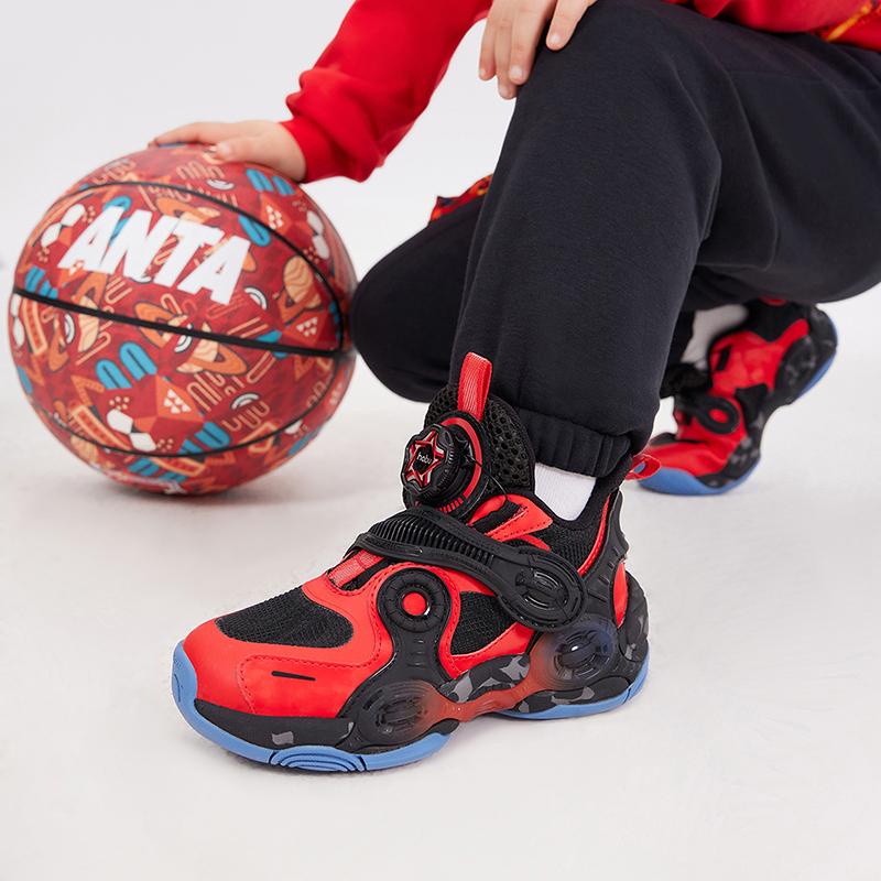 Anta Zapatillas de Baloncesto Asimétricas Cómodas Antideslizantes Absorbentes de Impactos Resistentes al Desgaste de Caña Media para Niños Zapatilla para Niños Rojo Negro 312319953-2