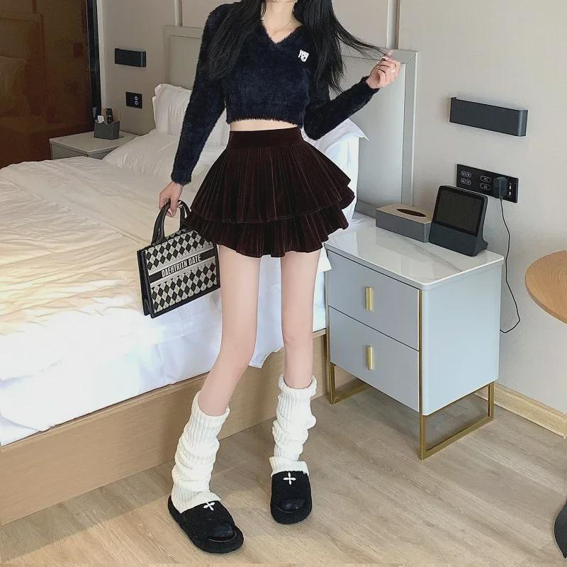 Plissierter Samtrock - Damen High Waist Cake Design für Frühling, Herbst und Winter 2023