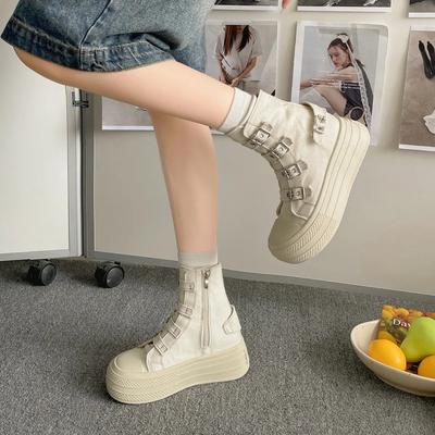 Retro Buckle Design Thick Soled Casual Canvas Short Boots for Women Autumn Comfortable Non Slip Chunky Ankle Boots