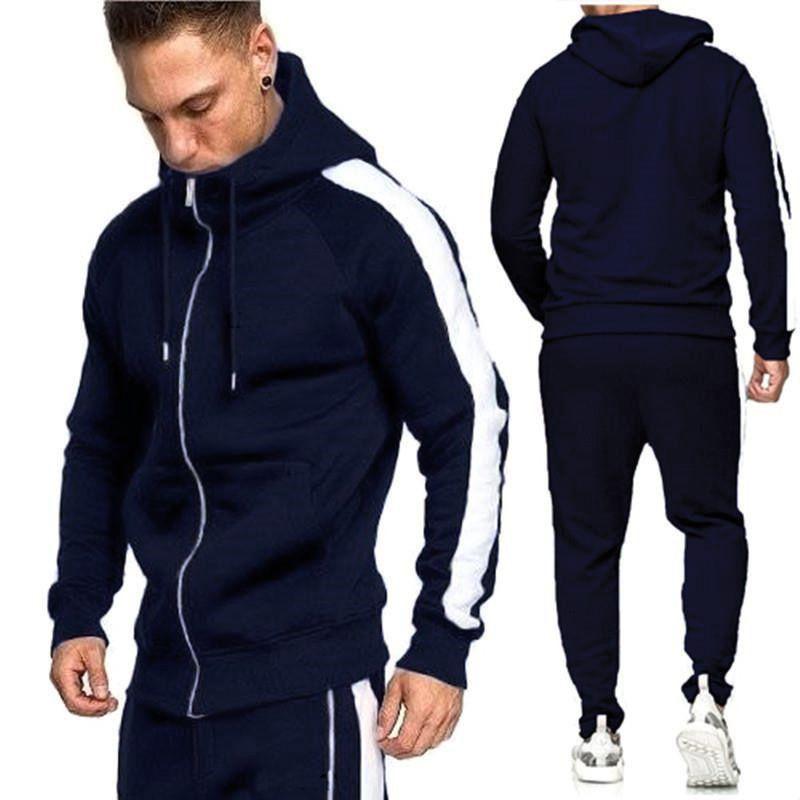 2pcs Mens Tracksuit Set Zip Hooded Coat Bottoms Trousers Gym Joggers Suit Sport