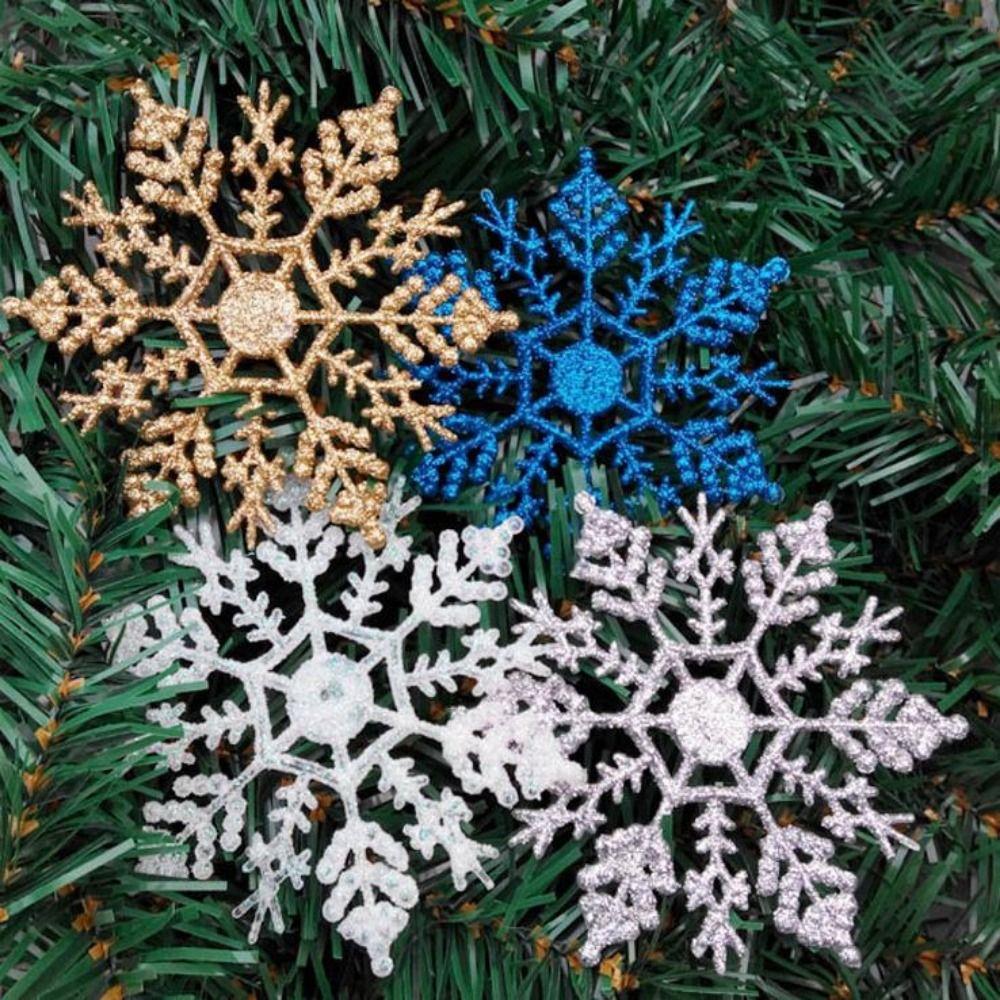 12Pcs New 10/12/16cm Gold Powder Snowflake Multicolors Plastic&Glitter White Christmas Tree Decor Home Decor for Xmas Charming