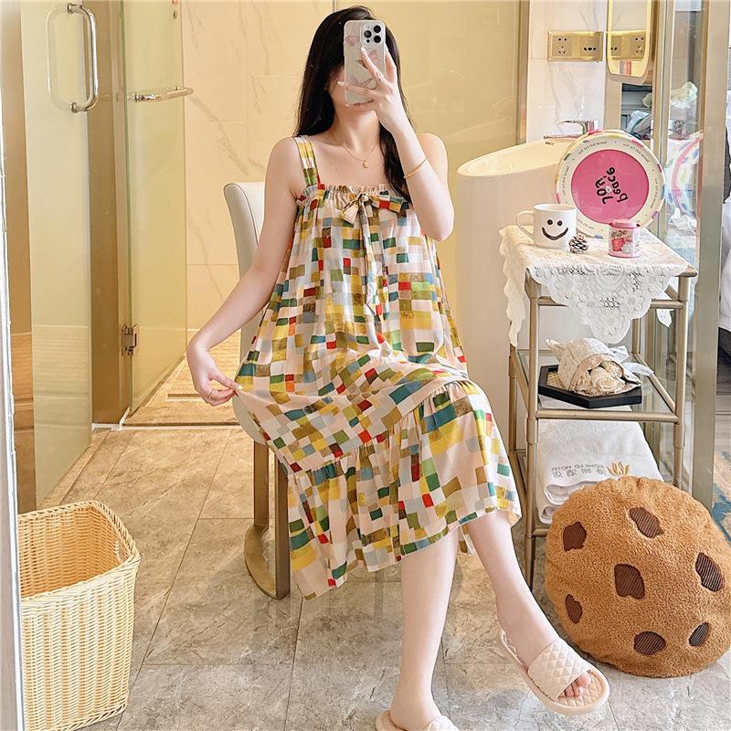 Cotton Nightdress Women'S Summer Thin Pajamasspring And Autumn Cotton Korean Cute Casual Print Dress Loungewear
