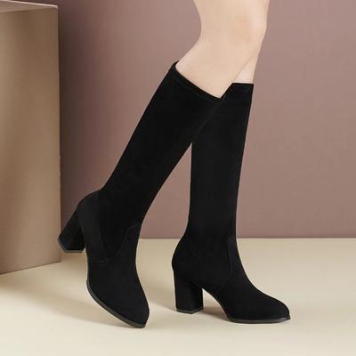 Winter Warm High Heels Boots Women Western Cowboy Chunky Shoes Female Flock Knee High Boot Designer New Knight Boots for Women