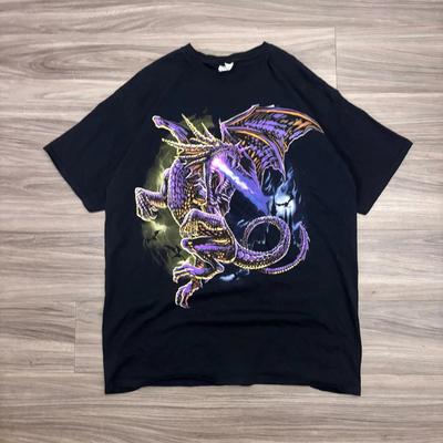 Y2K / Vintage Lila Drachen Flammen Magisch Schwarz Grafik 2000er T-Shirt Größe XL