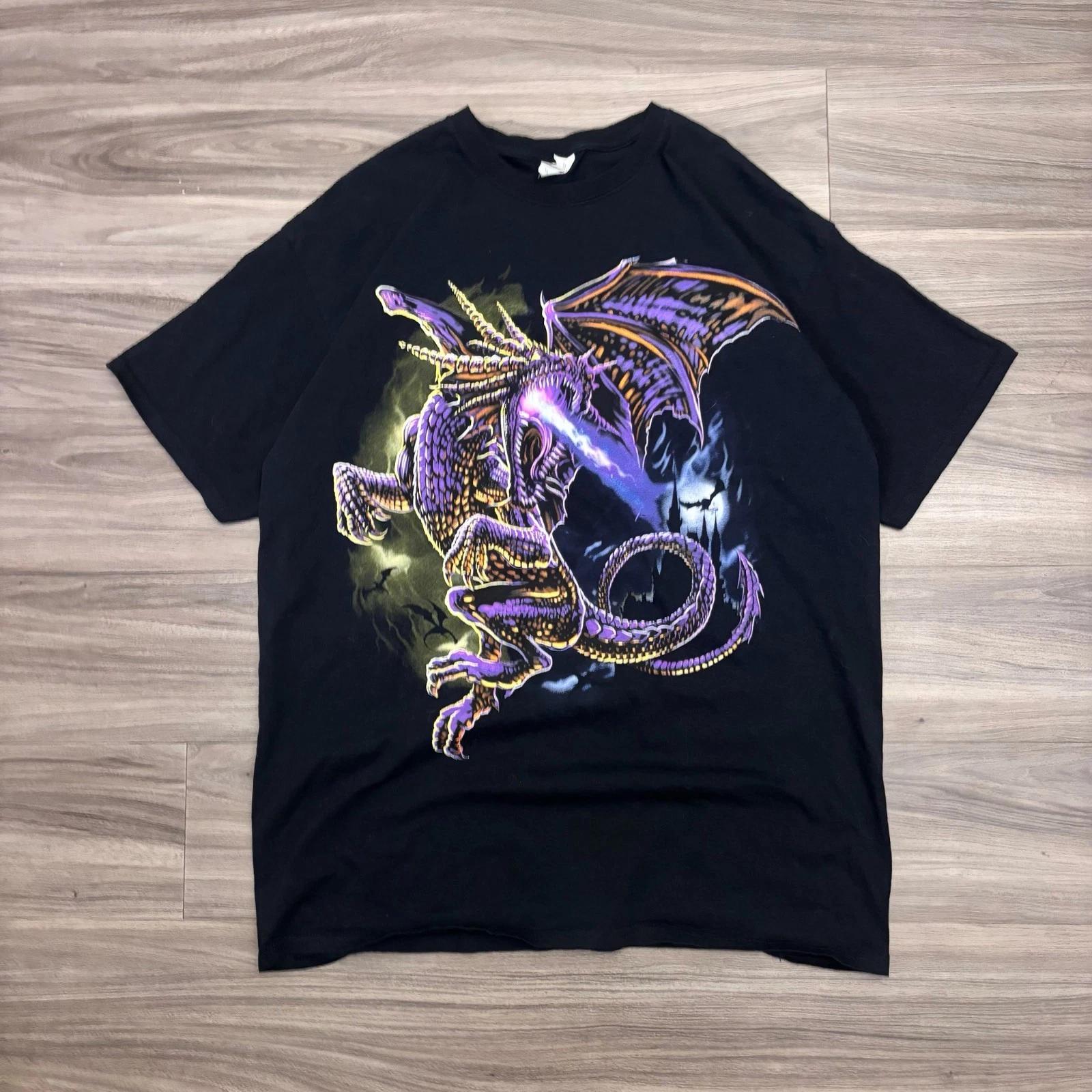 

Y2K / Vintage Purple Dragon Flames Magic Black Graphic 2000 s T-shirt Size XL L