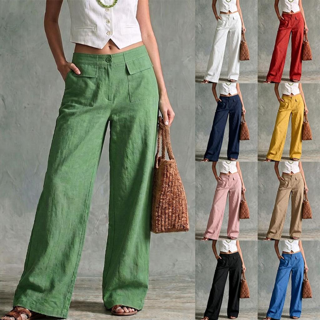 Women's High Rise Wide Leg Pants Loose Fit Solid Color Linen Palazzo Trousers Casual Commute Straight Leg Pants