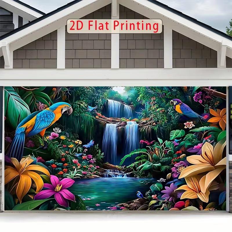 2D Tropical Exotic Backdrop, Parrots, Waterfall & Lush Foliage Background