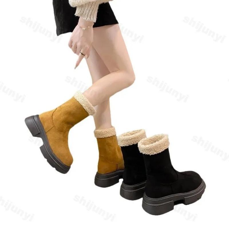 2025 New Thick Soled Women's Ankle Boots Winter Comfort Fluffy Short Boots Mid Heel Platform High Top Plush Warm Women's Shoes