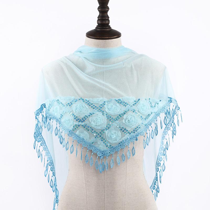 Korean Women Winter Long Neck Protection Plush Warm ShawlSolid Sequin Fragmented Flower Embroidery Lace Tassel Triangle Scarf