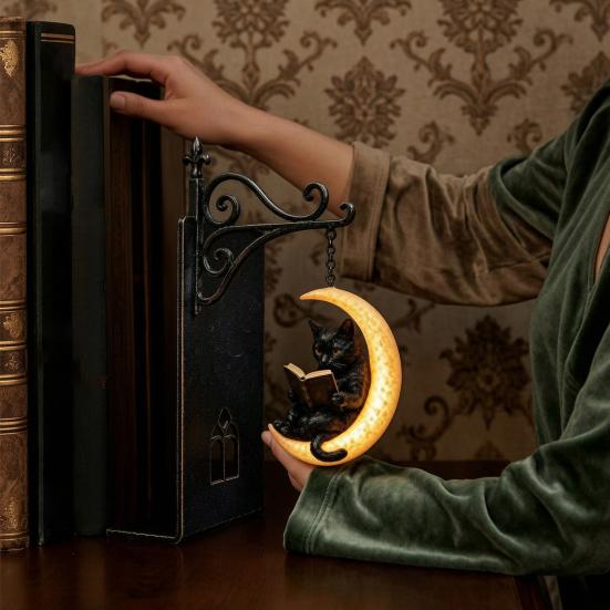 Decorative Metal Bookends for Shelves Gothic with Hanging Light, Cat Raven Ghost Unique Study Room Accessories Bookshelf Lamp, Vintage Church