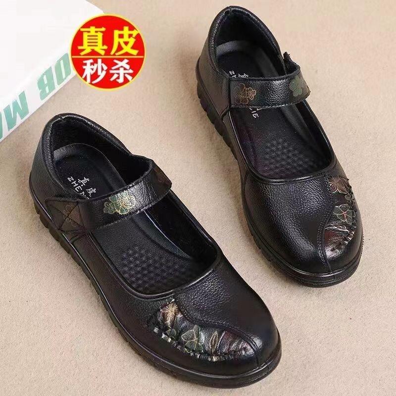 

Кожаная мягкая подошва плоская подошва ретро нескользящая вышивка низкий каблук для среднего и пожилого возраста удобные бабушкины кожаные туфли женские 40