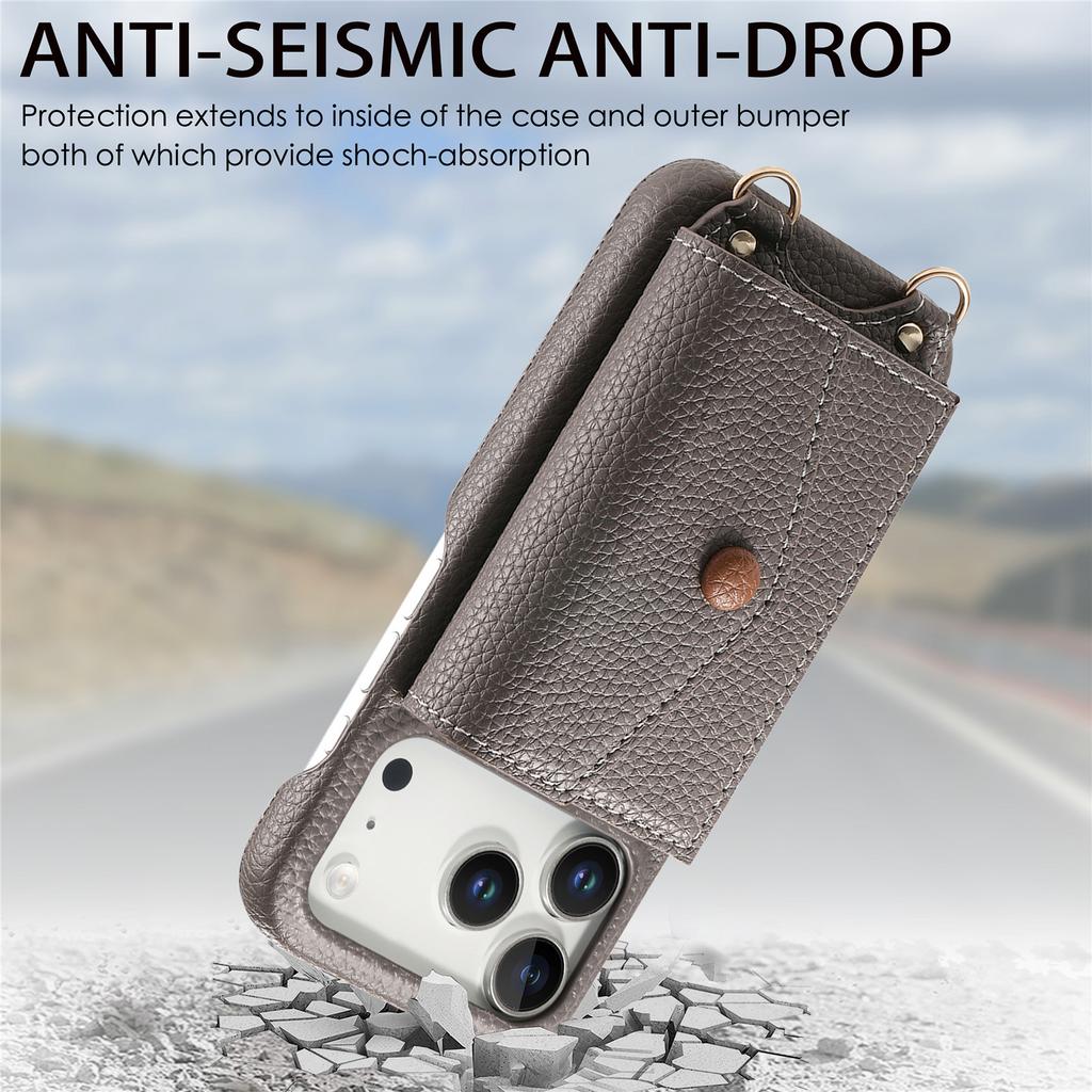 For iPhone 17 Pro Max Case Card Holder Kickstand PU Leather + PC Phone Cover with Mirror and Crossbody Lanyard