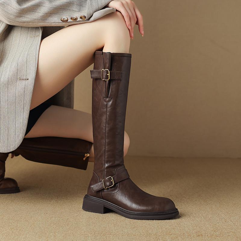 Designer New Pu Leather Knee Boots Shoes For Women Buckle Metal Decoration Fashion Outdoor Ladies Footwear Long Black Botas