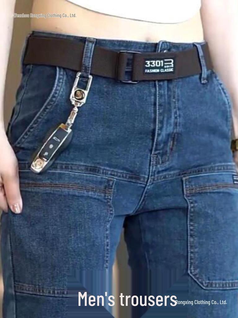 Męskie dżinsy slim fit stretch z wieloma kieszeniami - proste nogawki, odporne na zużycie spodnie casualowe na wiosnę i jesień