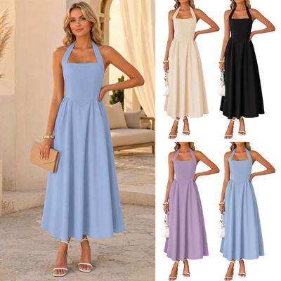 Women's Halter Midi Dress, Summer Sleeveless Backless A-Line Long Dress, Square Neck Vacation Beach Sundress
