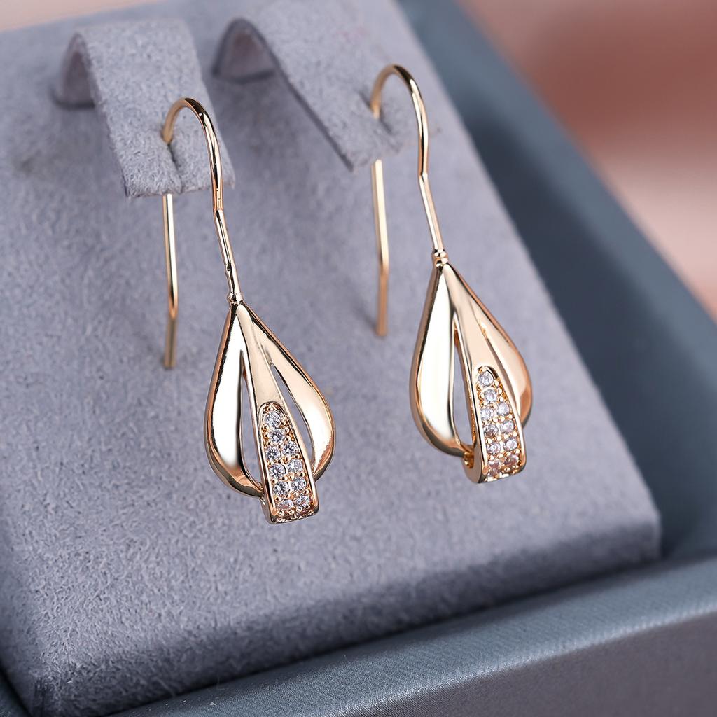 1 Water Pair Drop Glossy Golden Color Dangle Earrings For Women Zircon Wedding Fine Jewelry Vintage Long Earrings