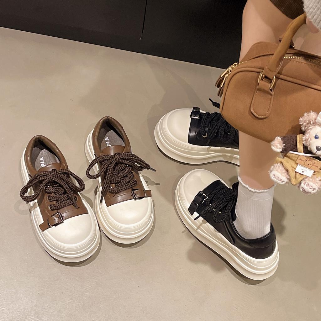 [Fanfna] Big Head Lace-up Platform Muffin Bread Shoes Women's New Sports and Leisure Board Shoes In Autumn and Winter 2025