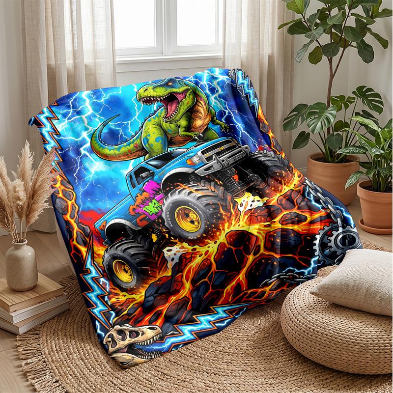 Dinosaur Monster Truck Adventure Blanket Personalized Name Flannel Blanket Soft Cozy Plush Throw for Sofa Bed Lightweight Home Decor