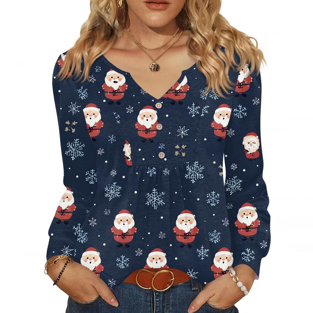 Women's Fashionable Casual V-neck Blouse Button Christmas Printed Long-sleeved Pullover T-shirt Top