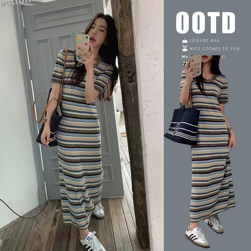 Summer 2026 Korean Chic Striped Knit Maternity Maxi Dress